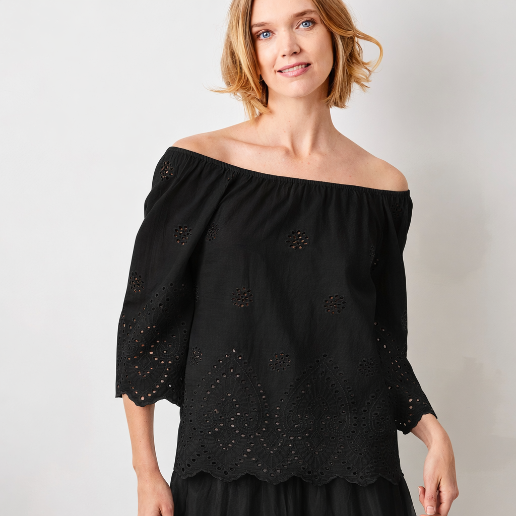 Whimsy Broderie Anglaise Bardot Wide Sleeve top - Suzy D London