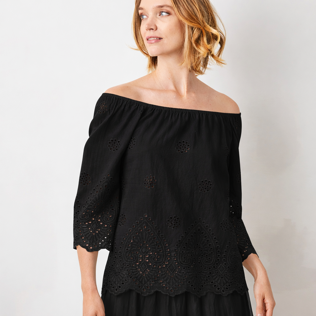Whimsy Broderie Anglaise Bardot Wide Sleeve top - Suzy D London