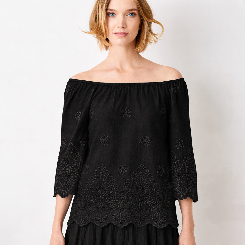 Whimsy Broderie Anglaise Bardot Wide Sleeve top - Suzy D London