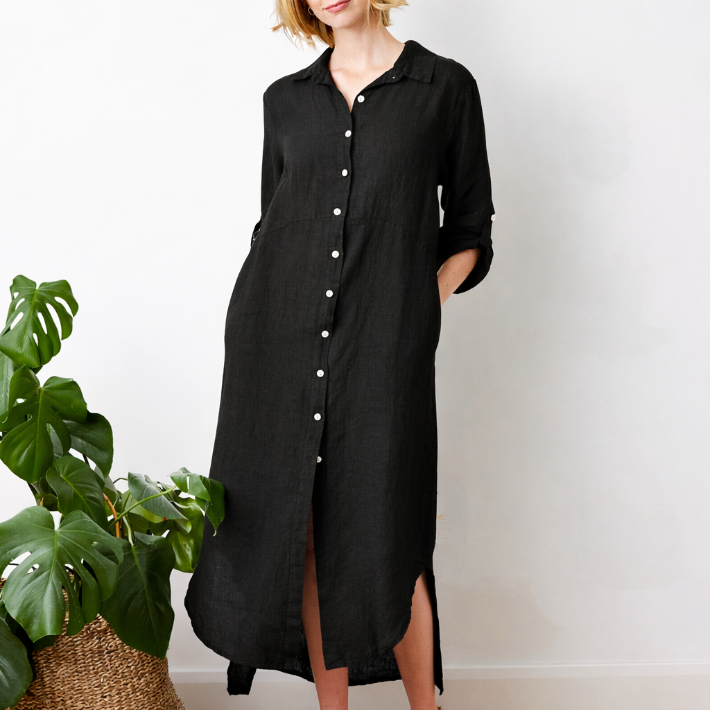 Larino Linen Long Button Thru Dress - Suzy D London