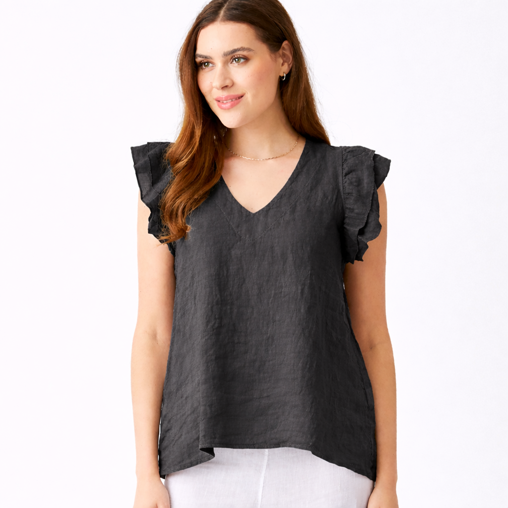 Santiago V Neck Frill Sleeve Linen Tee - Suzy D London