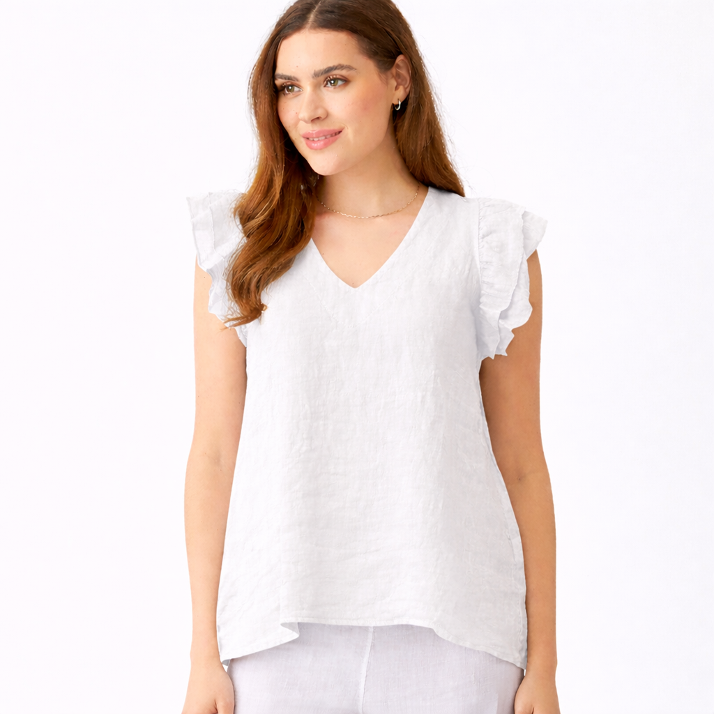 Santiago V Neck Frill Sleeve Linen Tee - Suzy D London