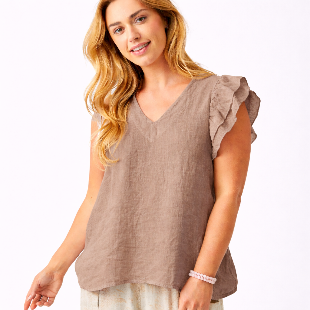 Santiago V Neck Frill Sleeve Linen Tee - Suzy D London