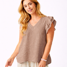 Santiago V Neck Frill Sleeve Linen Tee - Suzy D London