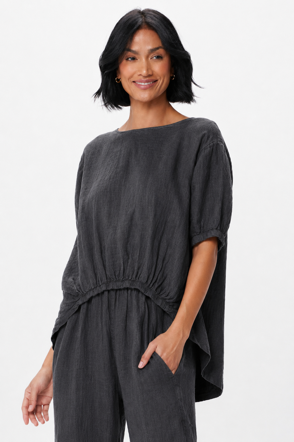 Sybil Linen Elasticated Front Hi Lo Top - Suzy D London
