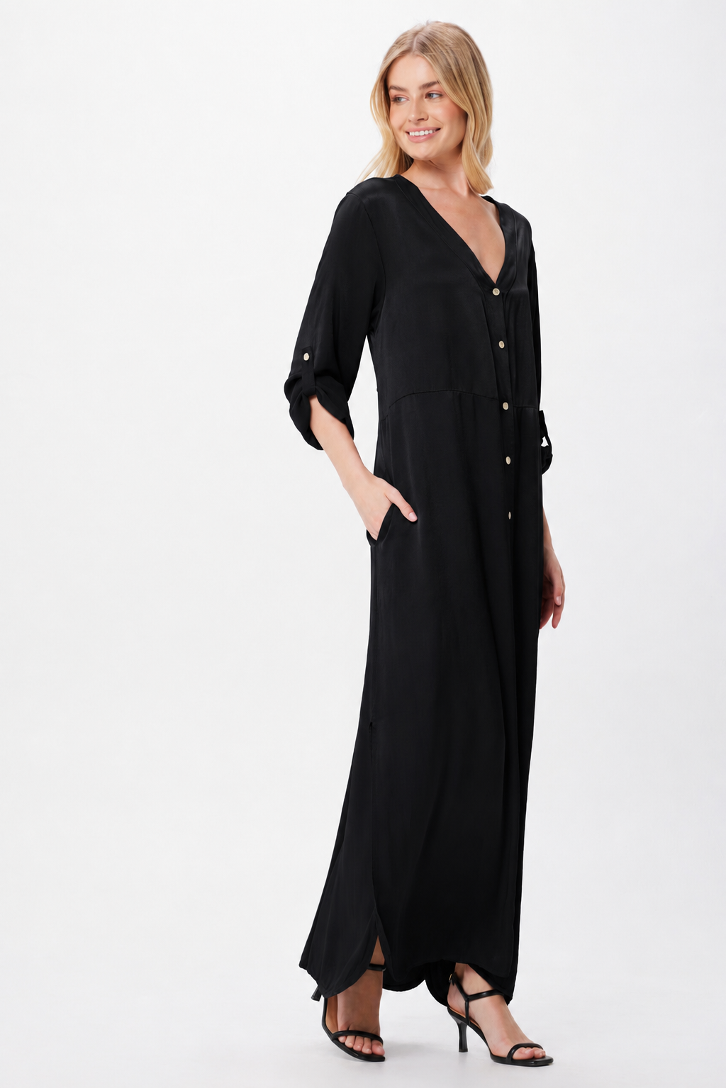 Harlem Satin Long Button Thru Dress - Suzy D London
