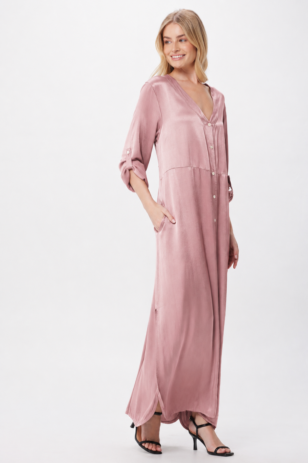 Harlem Satin Long Button Thru Dress - Suzy D London