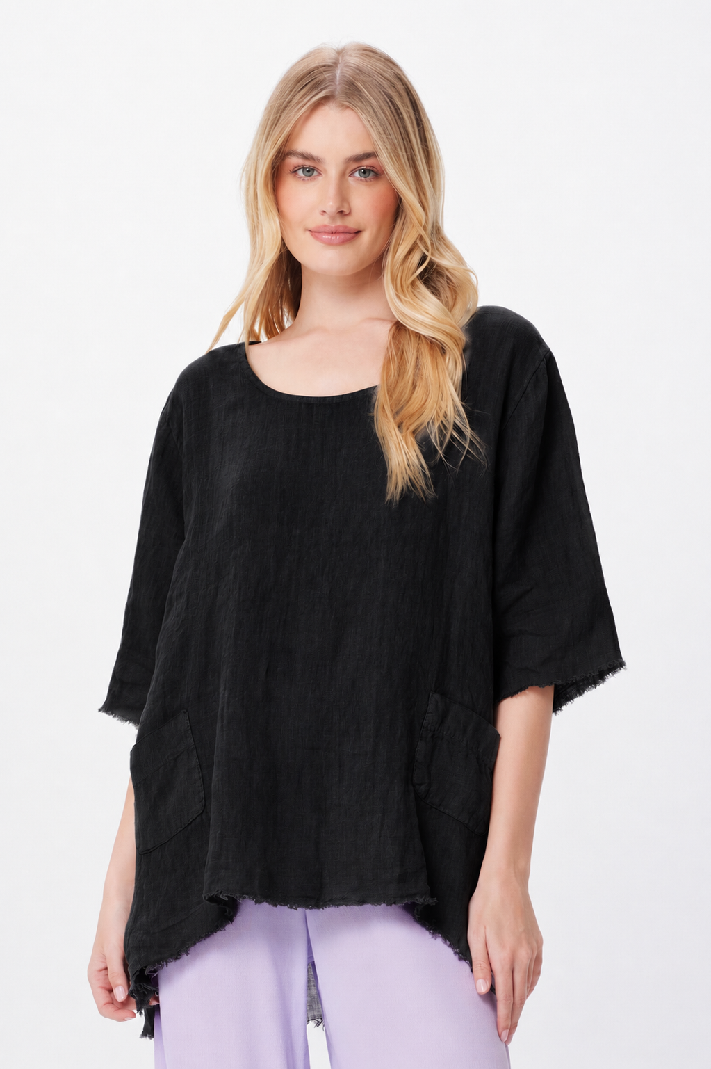 Selah Linen Hi Lo Fringe Tunic With Front Pockets - Suzy D London