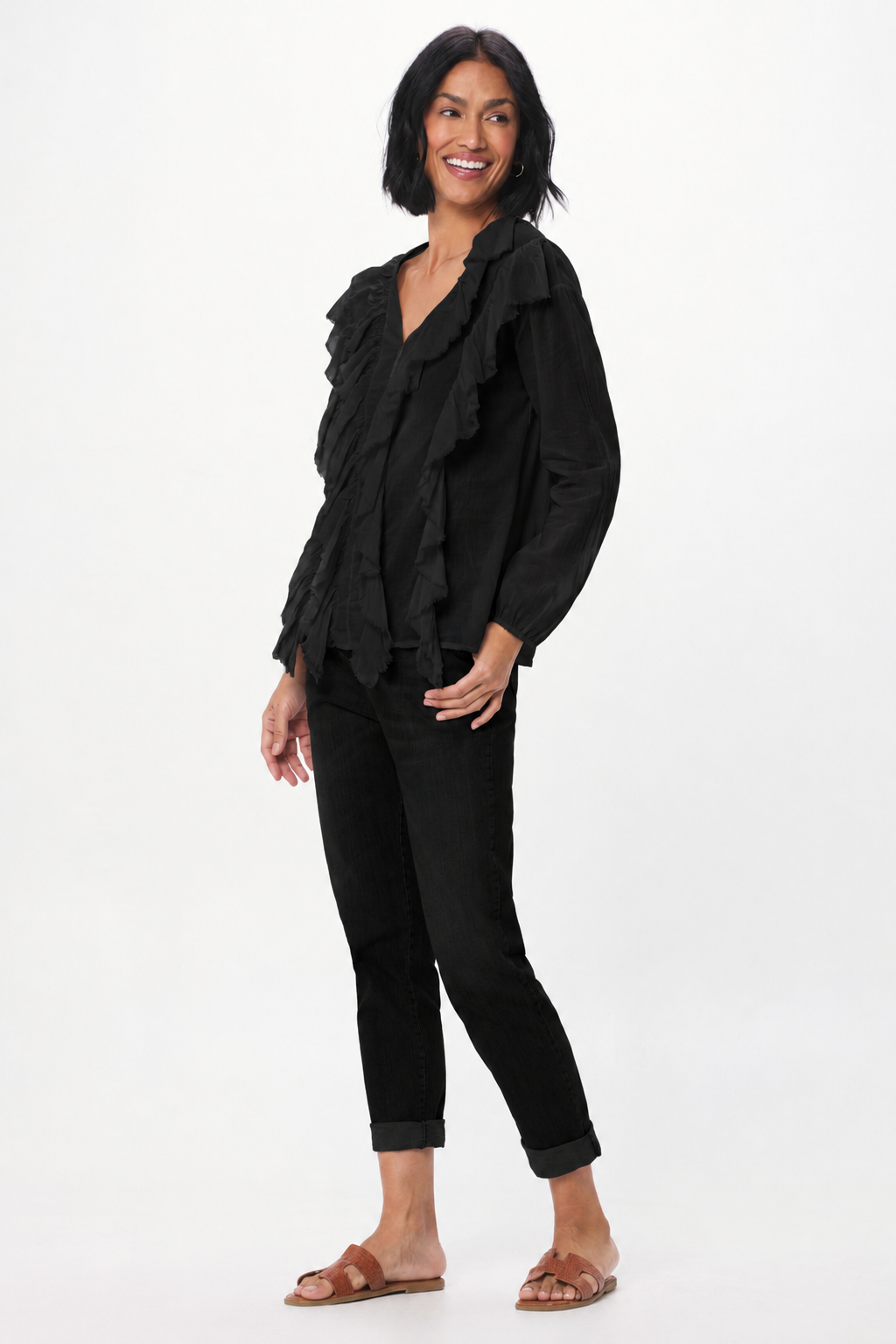 Regello Sheer Cotton Blouse With Front Frill - Suzy D London