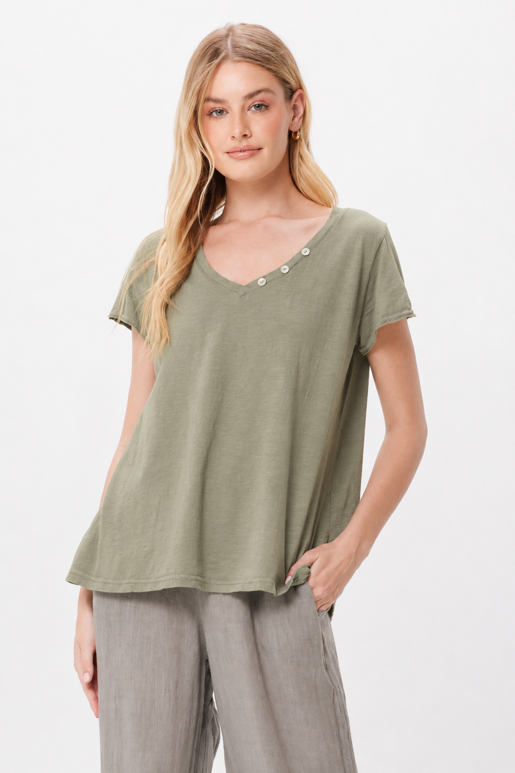 Blake V-Neck Tee With 3 Button Detail - Suzy D London