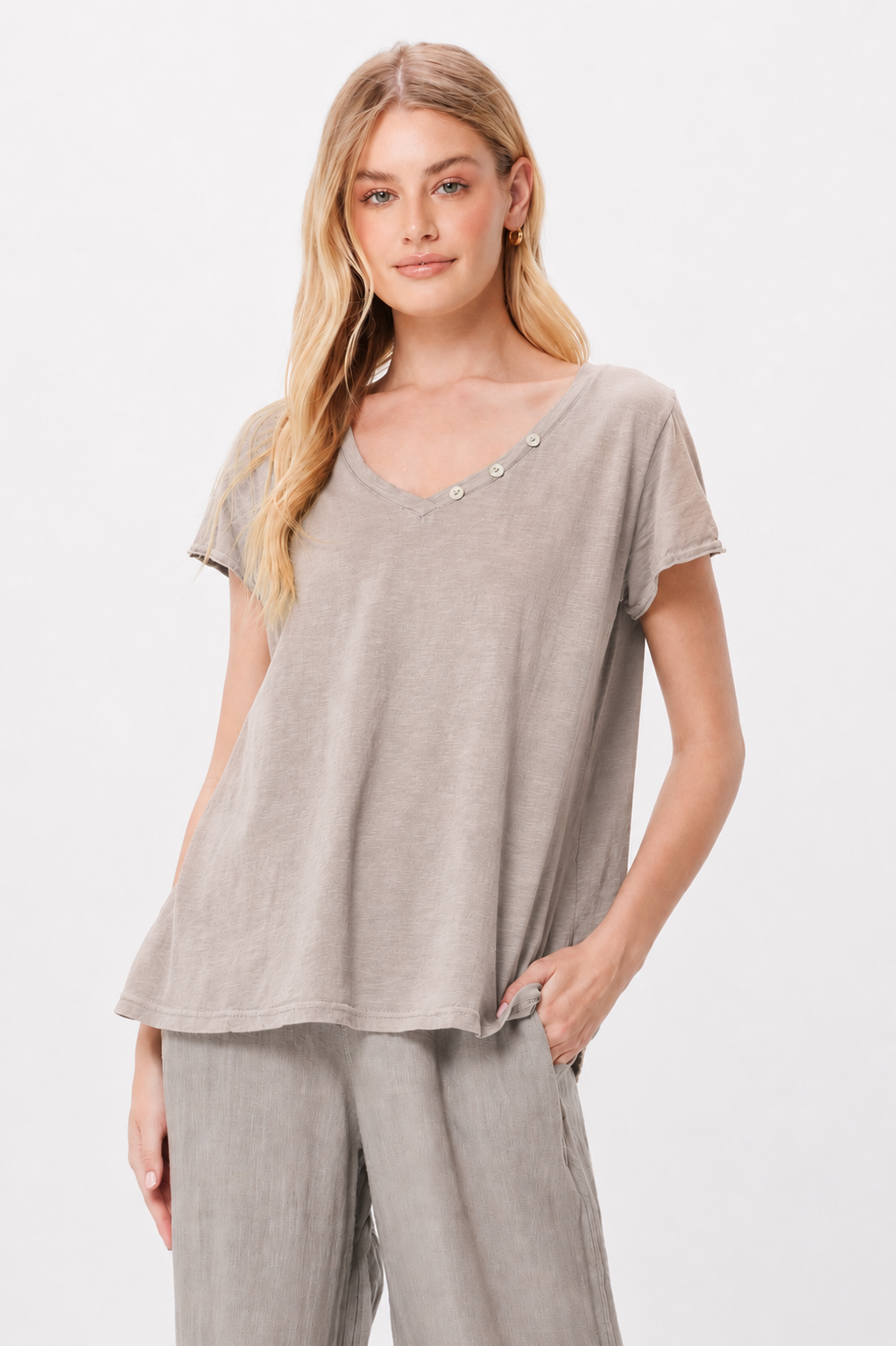 Blake V-Neck Tee With 3 Button Detail - Suzy D London