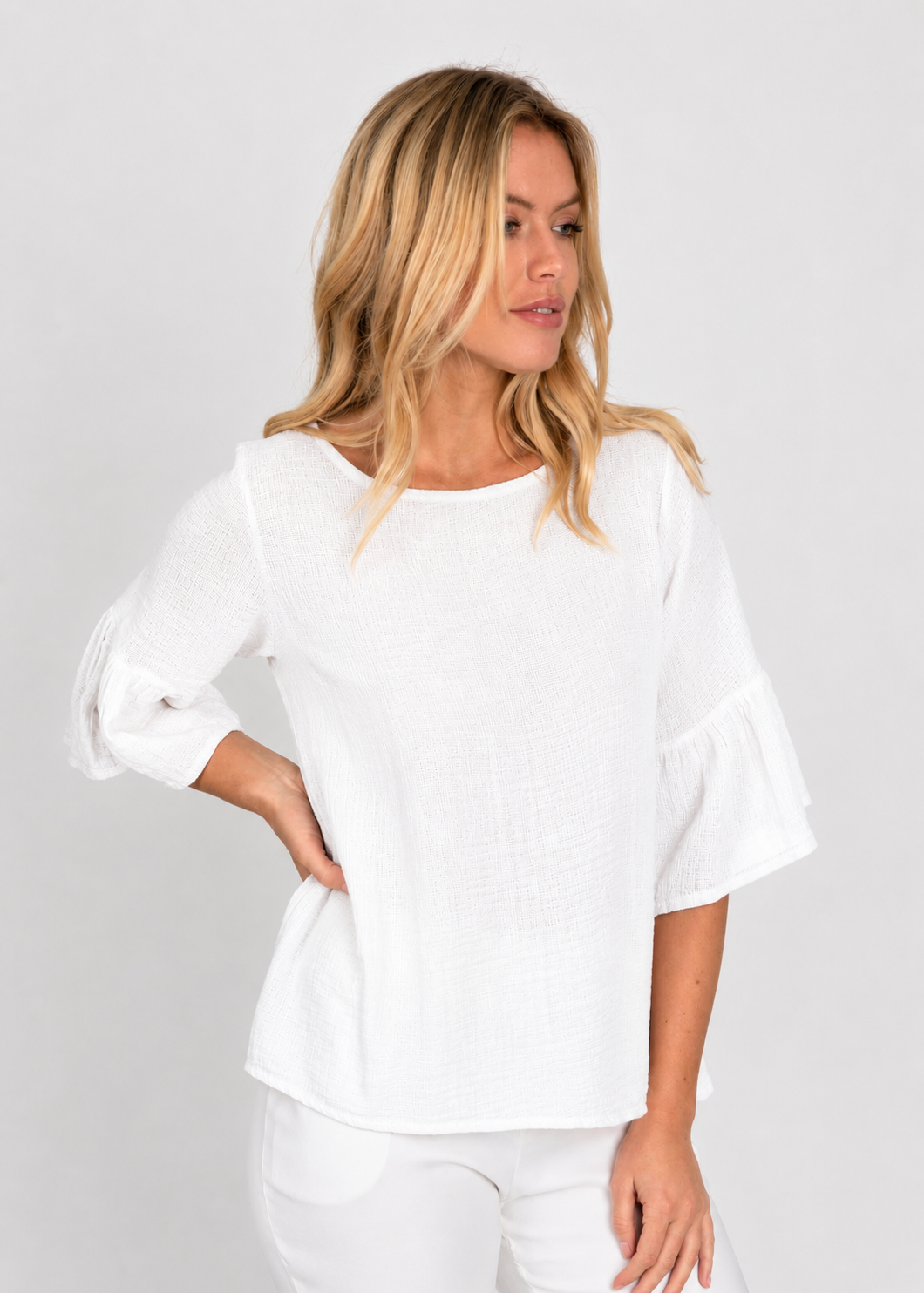 Soft Frill Sleeve Cotton Linen Mix Top - Suzy D London