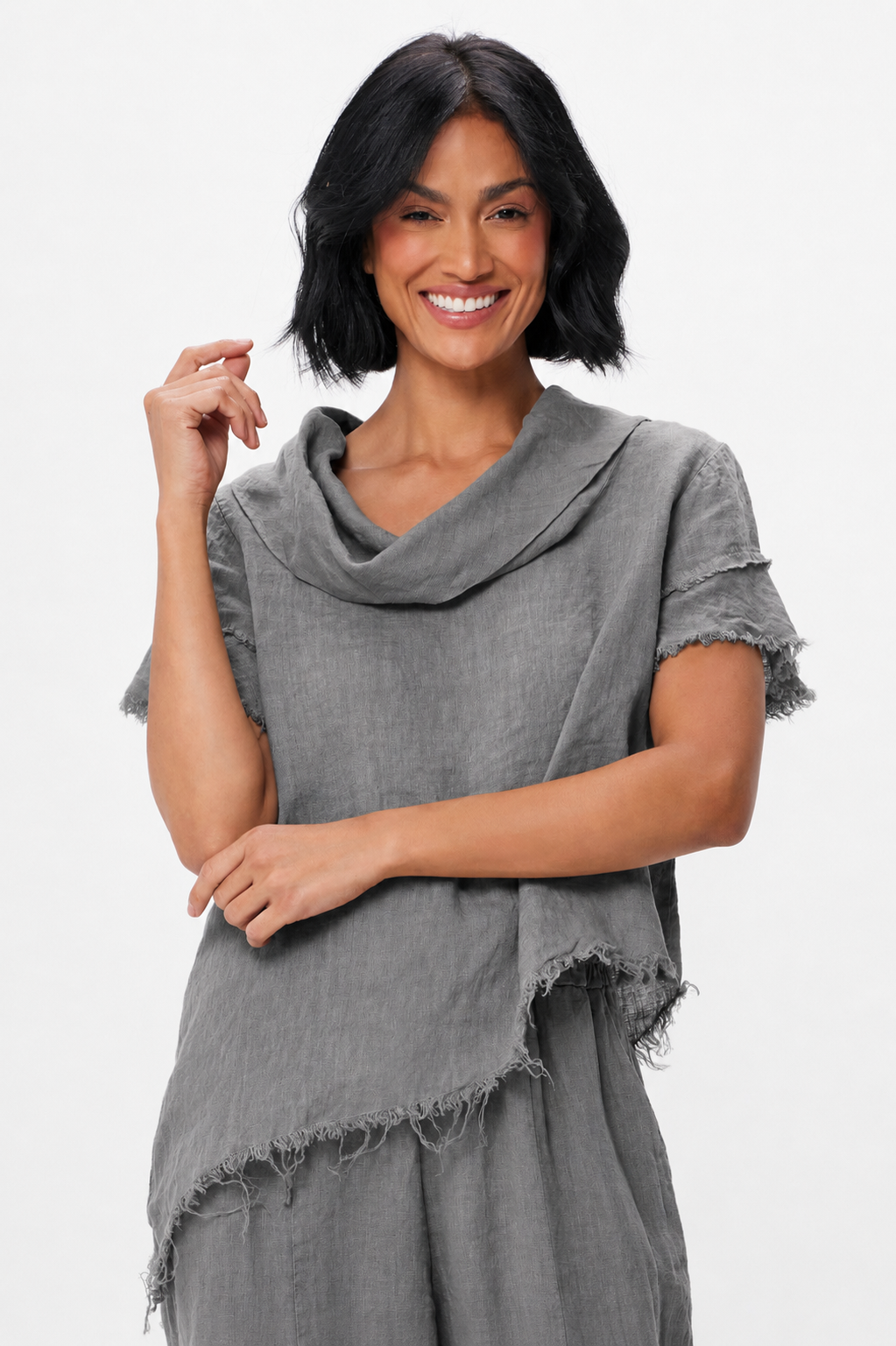 Sola Linen Cowl Neck Fringed Asymetric Top - Suzy D London