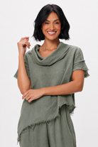 Sola Linen Cowl Neck Fringed Asymetric Top - Suzy D London