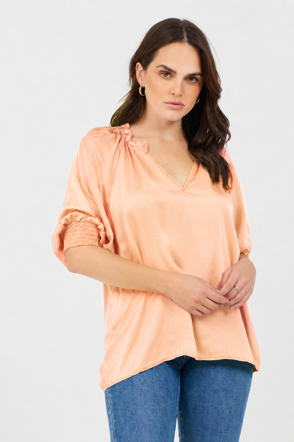 Portia Satin Ruffle V Neck Top - Suzy D London