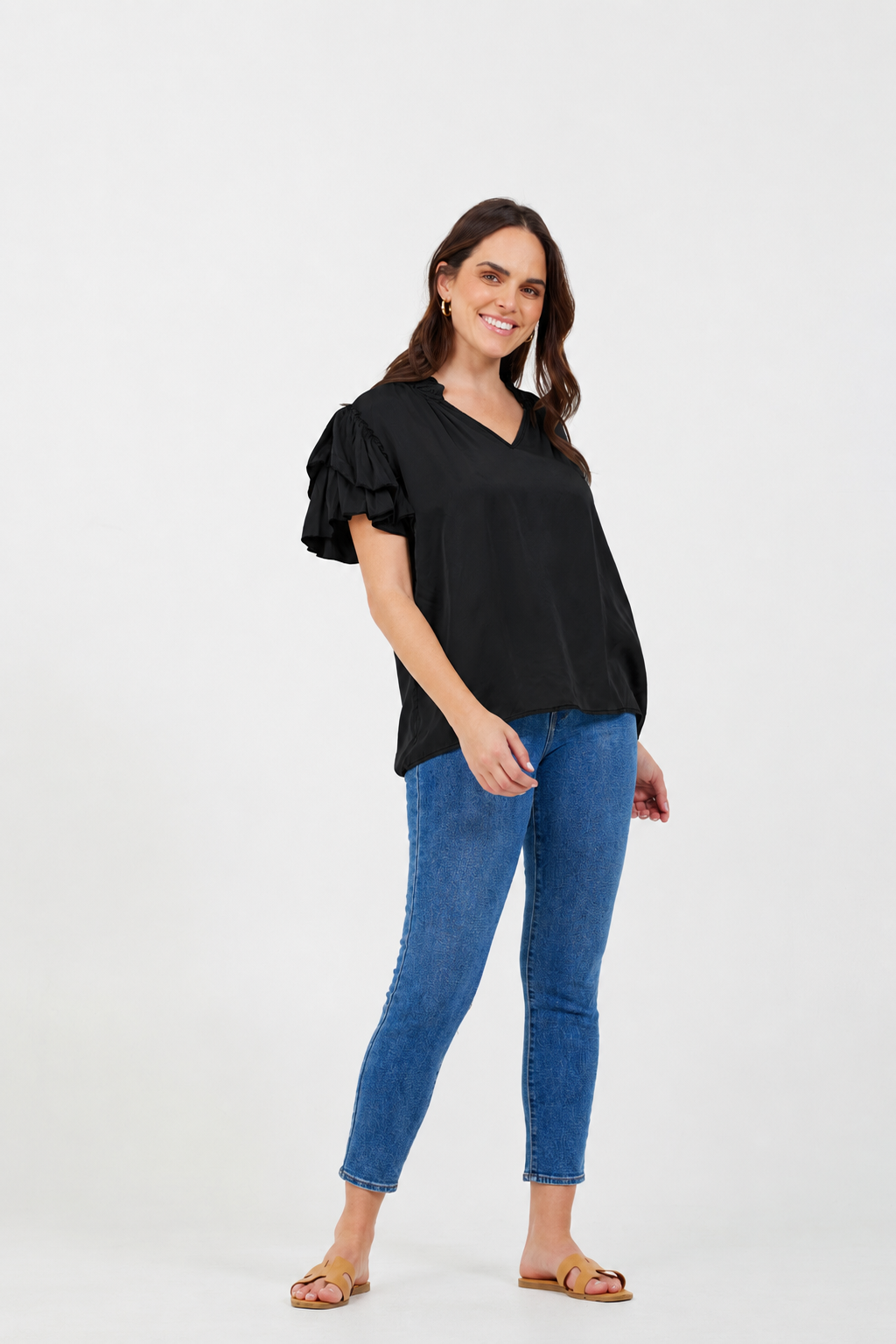 Pierce Satin Frill Sleeve Tee - Suzy D London