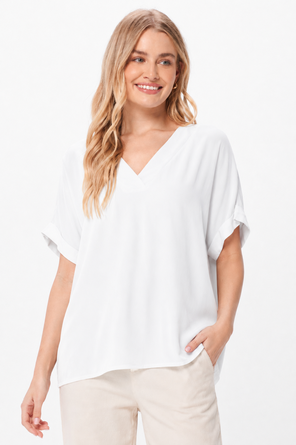 Kashmir Crepe Front Jersey Back V Neck Tee - Suzy D London