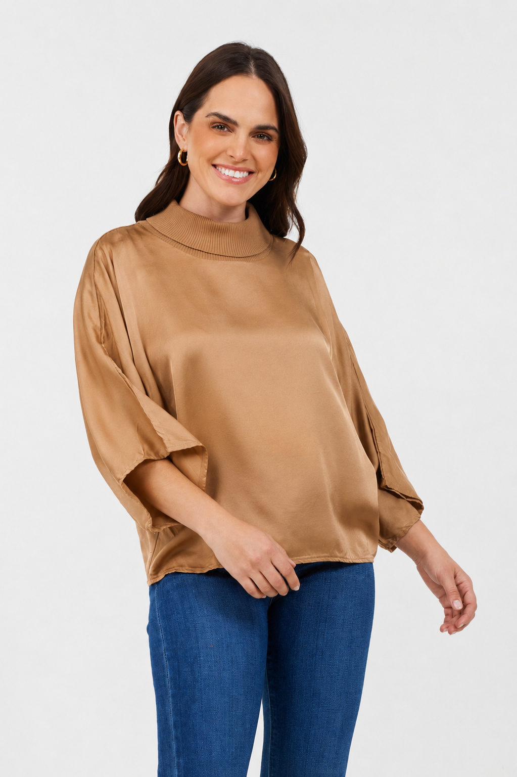 Jonah Satin Batwing Top With Ribbed Neck - Suzy D London