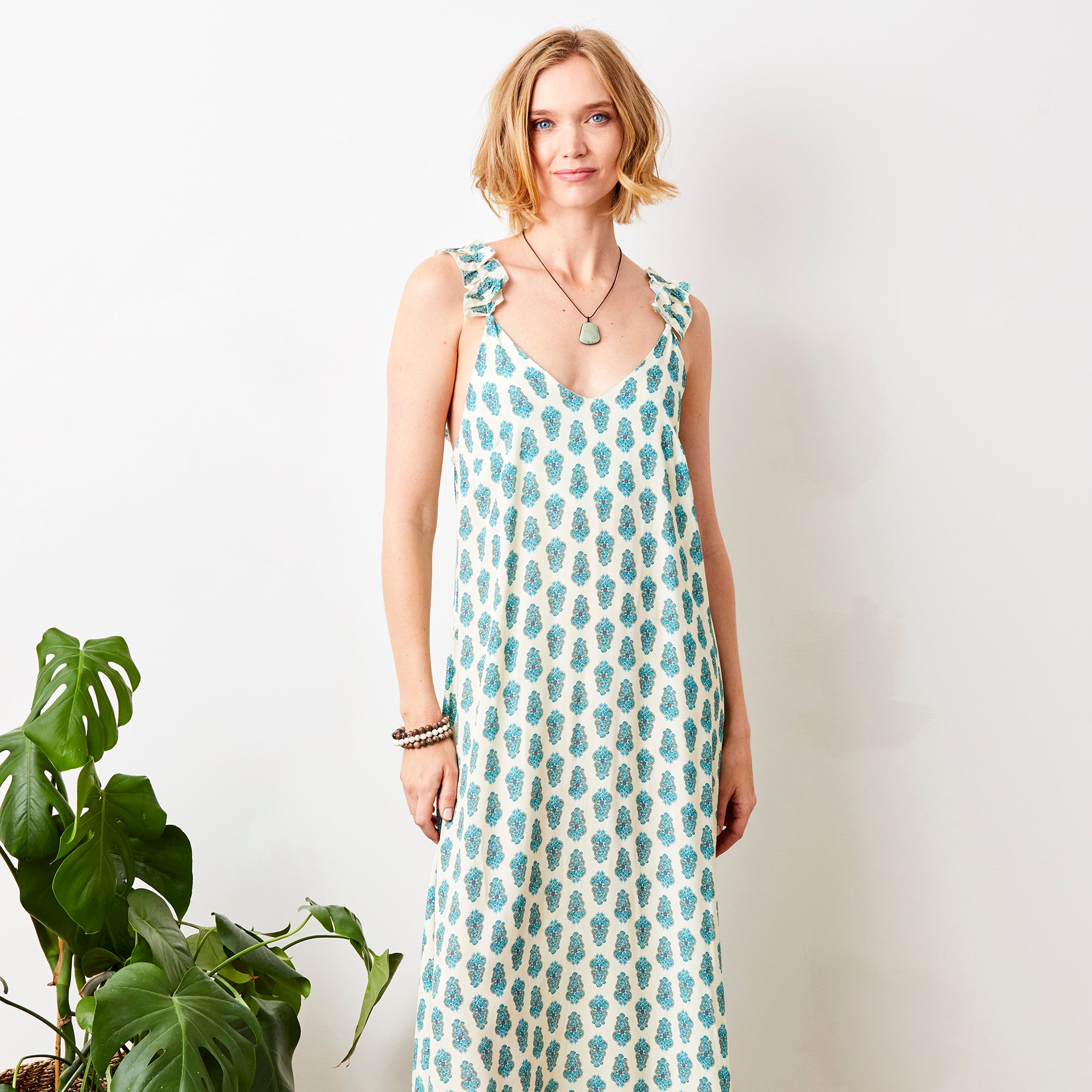Geranium Print Crepe Maxi Dress With Frill Straps - Suzy D London