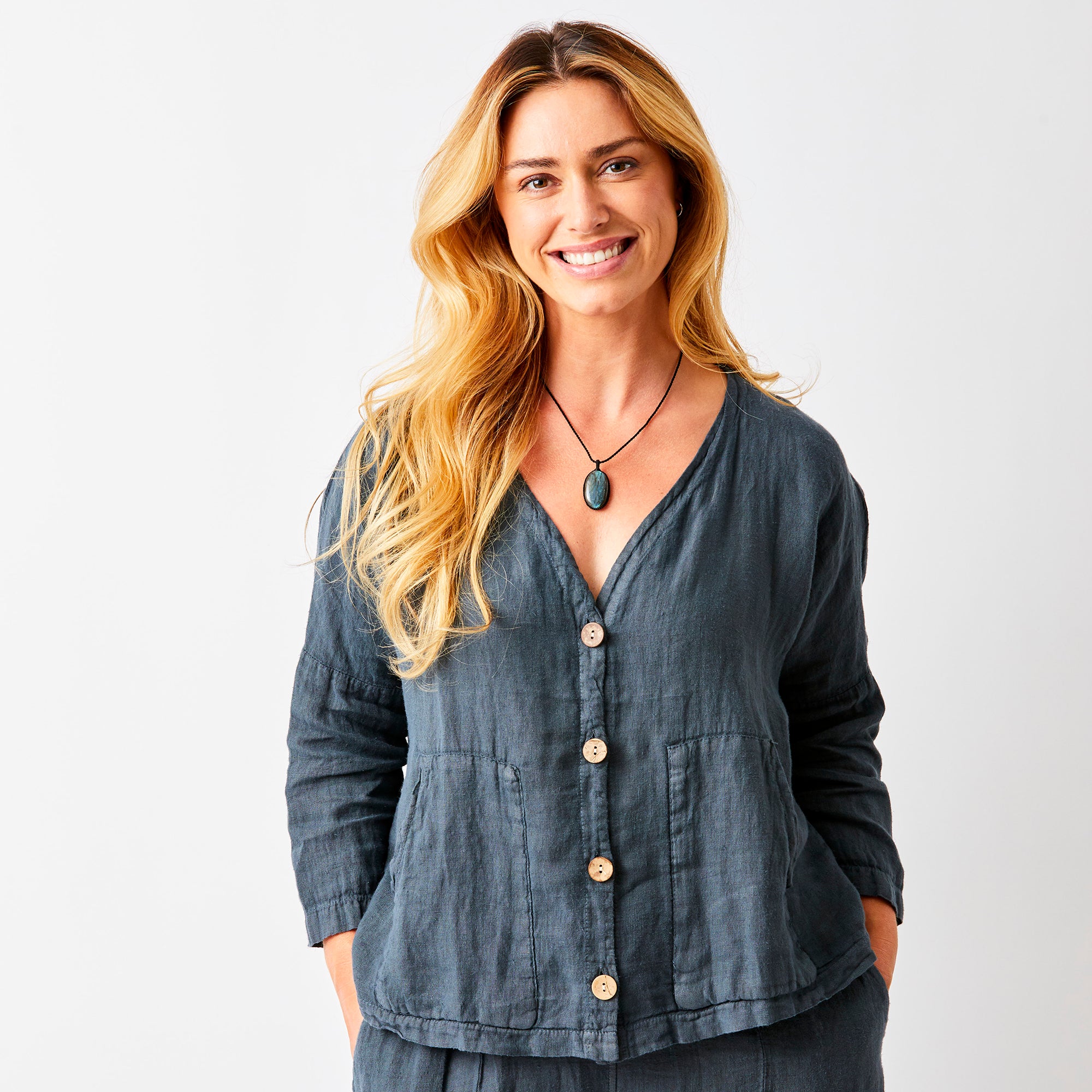 Saffron Linen Jacket With Wooden Buttons - Suzy D London