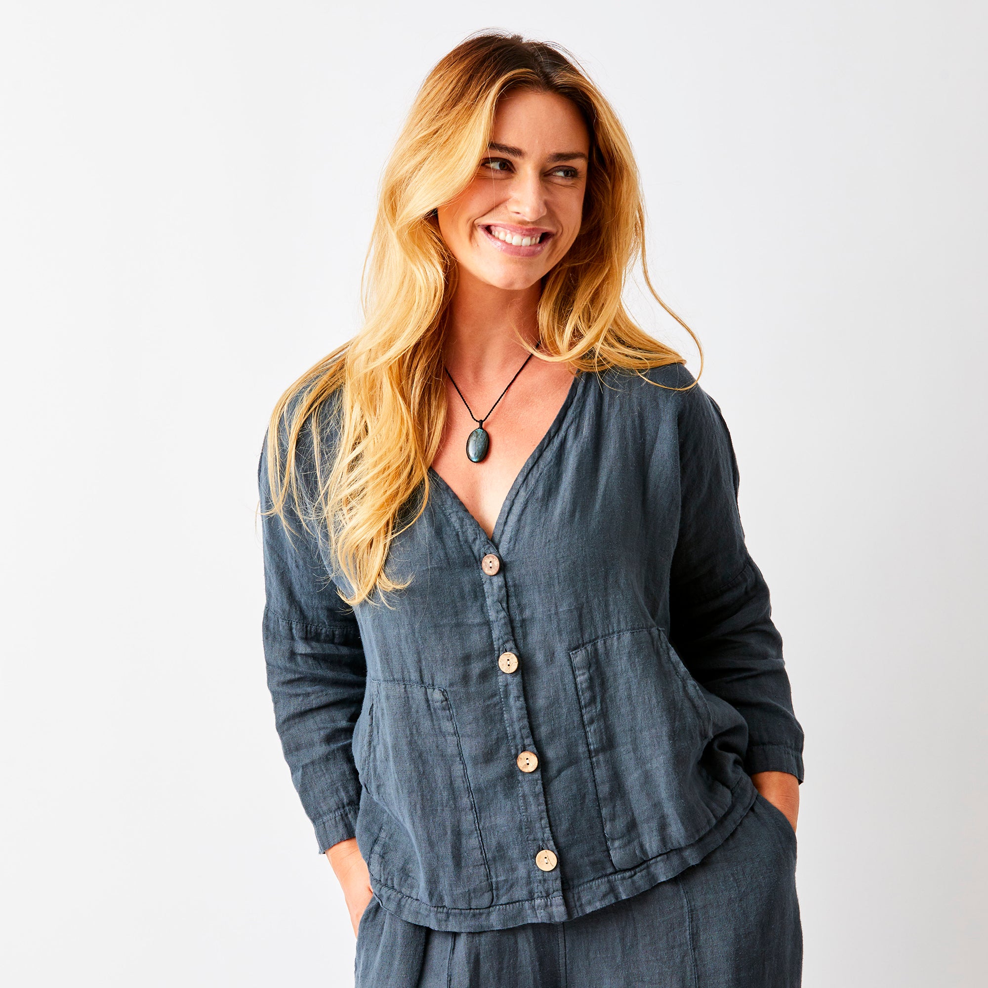 Saffron Linen Jacket With Wooden Buttons - Suzy D London