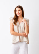 Santiago V Neck Frill Sleeve Linen Tee - Suzy D London