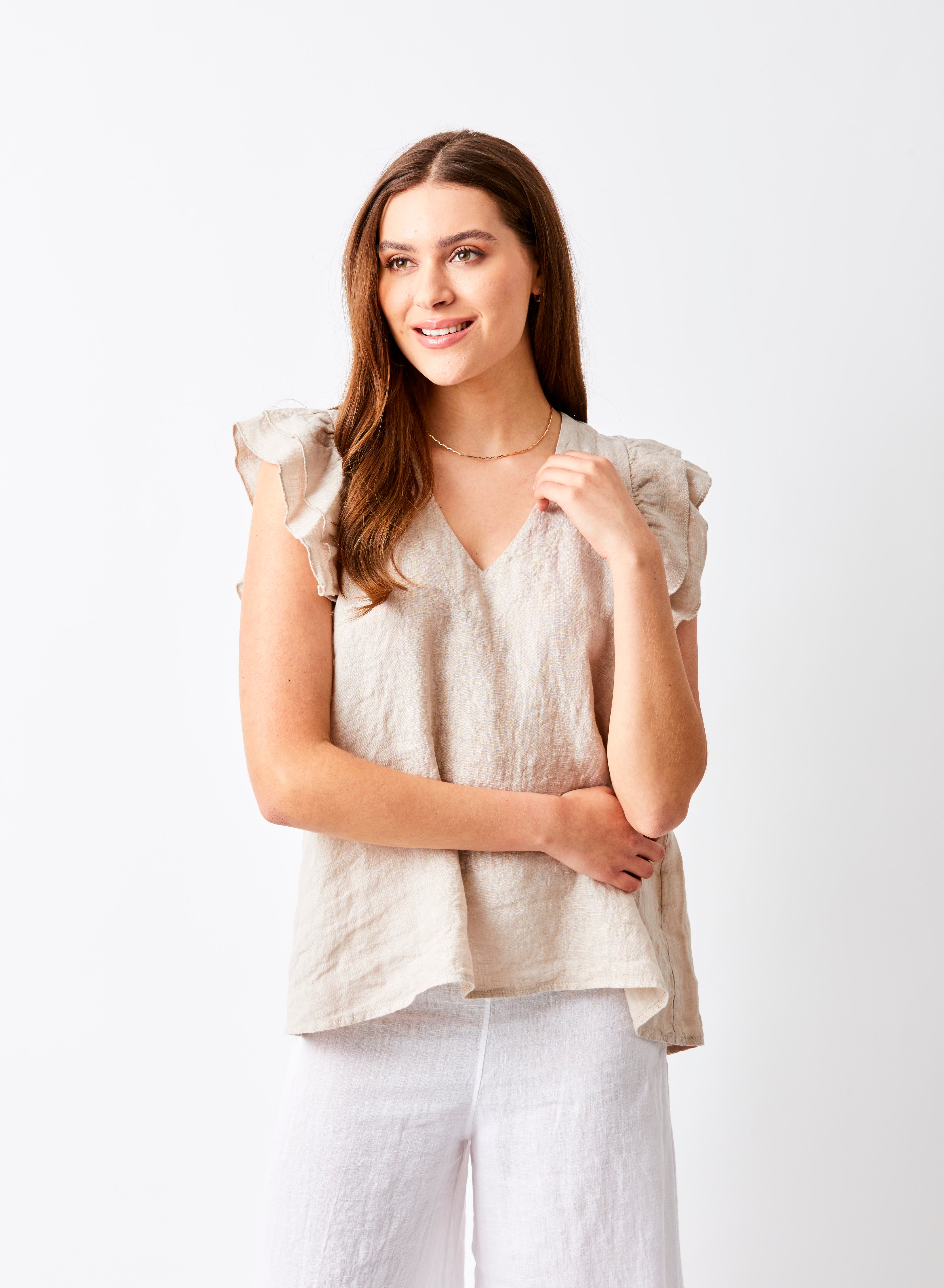 Santiago V Neck Frill Sleeve Linen Tee - Suzy D London