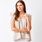 Santiago V Neck Frill Sleeve Linen Tee - Suzy D London