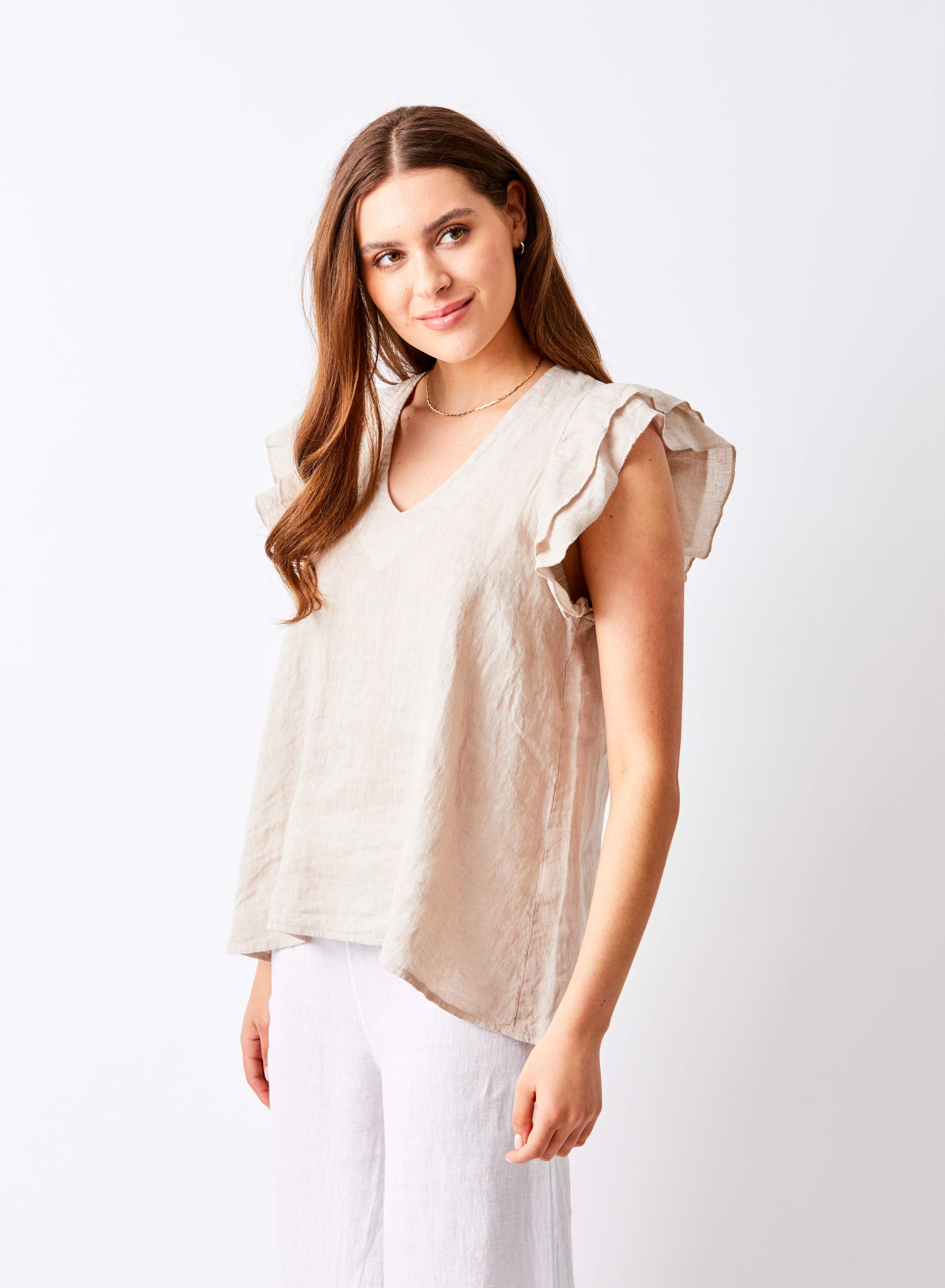 Santiago V Neck Frill Sleeve Linen Tee - Suzy D London