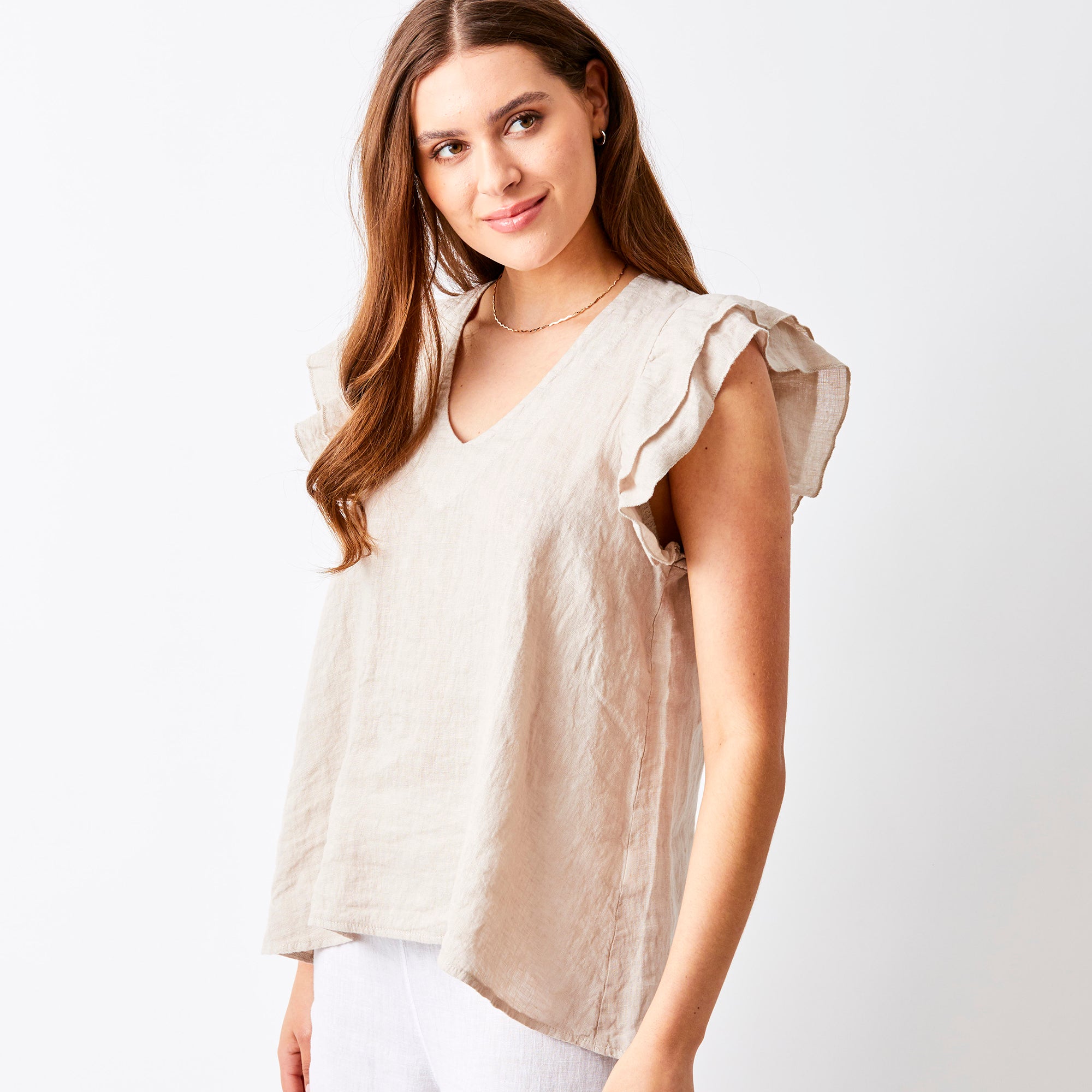 Santiago V Neck Frill Sleeve Linen Tee - Suzy D London