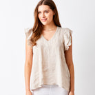 Santiago V Neck Frill Sleeve Linen Tee - Suzy D London