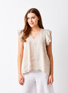 Santiago V Neck Frill Sleeve Linen Tee - Suzy D London
