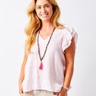 Santiago V Neck Frill Sleeve Linen Tee - Suzy D London