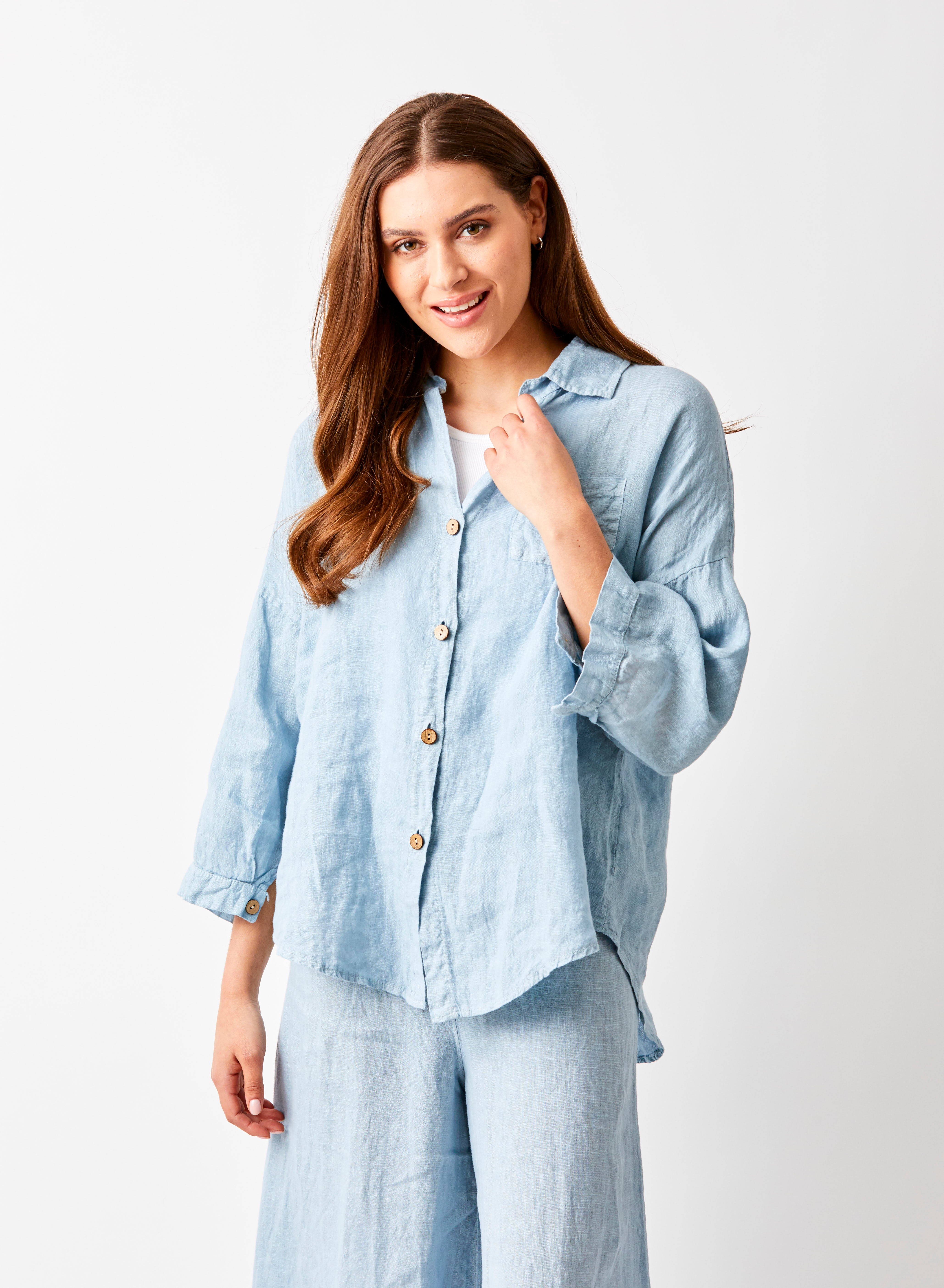 Sapphira Linen Shirt With Side Splits and Pocket - Suzy D London