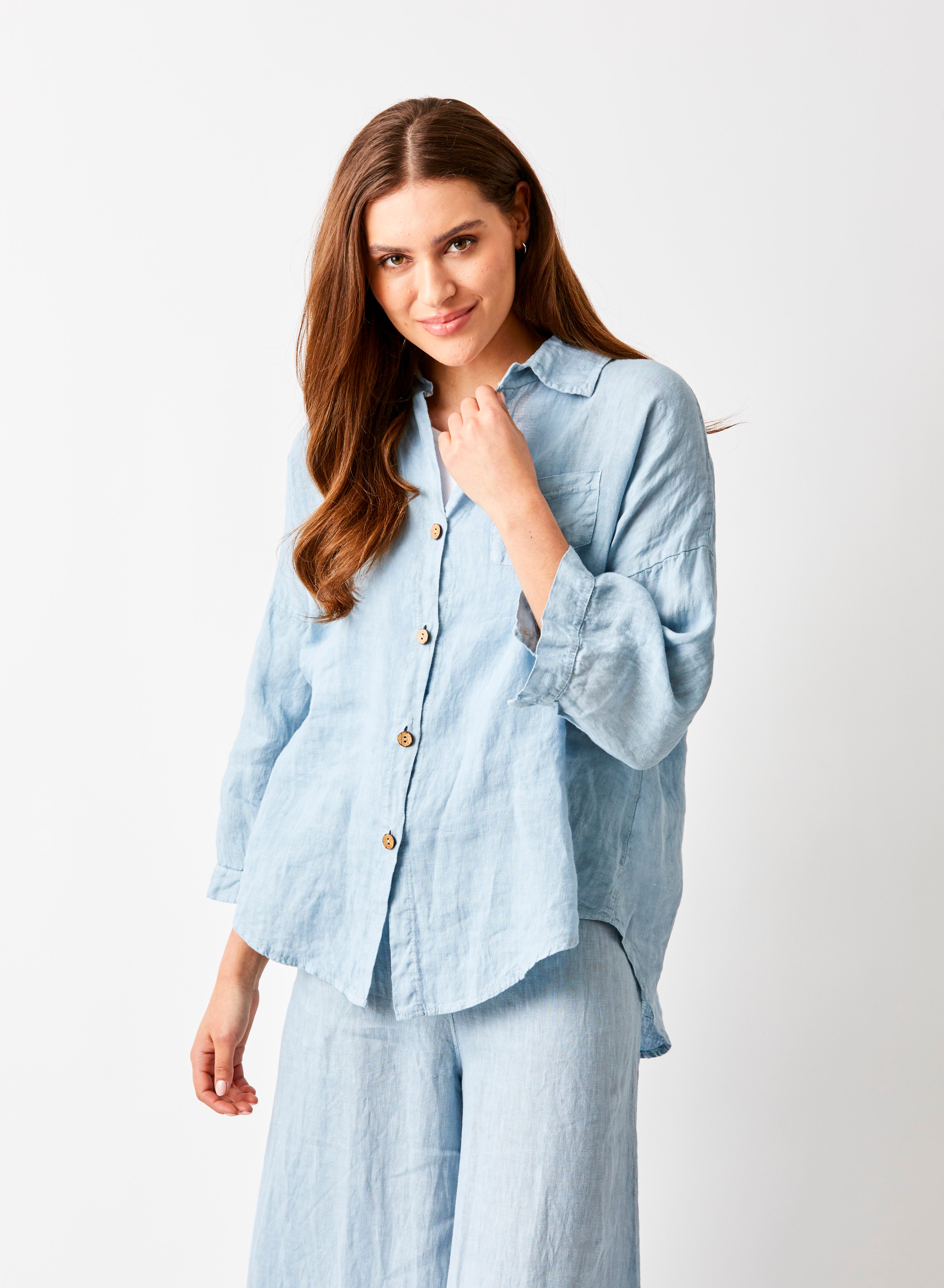 Sapphira Linen Shirt With Side Splits and Pocket - Suzy D London