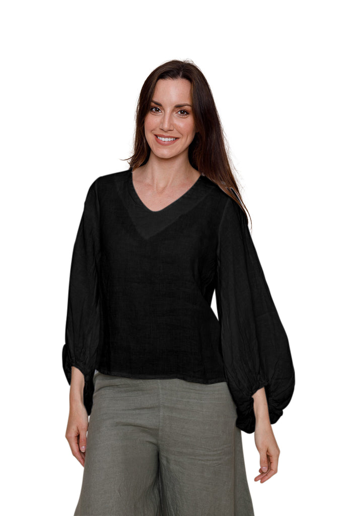 Sally Linen Top With Balloon Sleeves - Suzy D London